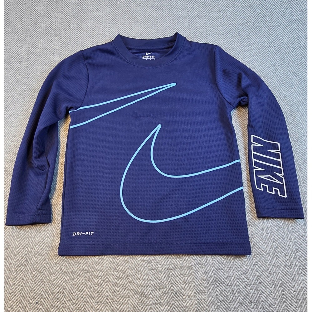 Nike Dri-FIT Boys Navy Blue Long Sleeve Graphic Swoosh Shirt Size 7 L F453-U90